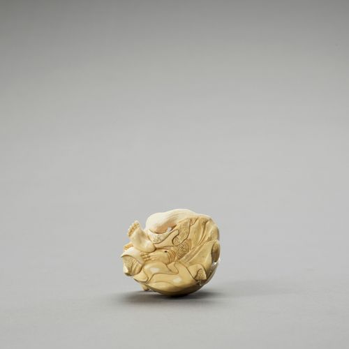 AN IVORY OKIMONO OF A RAKAN CLEANING HIS EAR OKIMONO aus Elfenbein eines RAKAN, &hellip;