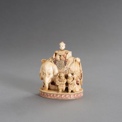 CHIKUYÔSAI TOMOCHIKA: AN IMPRESSIVE IVORY OKIMONO OF A CAPARISONED ELEPHANT WITH&hellip;