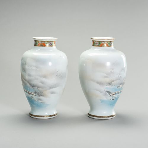 A LARGE PAIR OF PORCLEAIN VASES WITH A WINTER SCENE A LARGE PAIR PORCLEAIN VASEN&hellip;