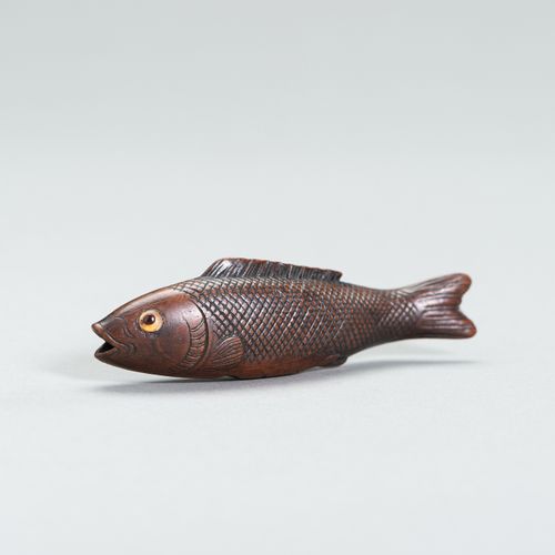 A LARGE WOOD FISH NETSUKE 大型木制鱼网袜
日本，19世纪

描绘了一条游泳的鱼，鱼鳞和鱼鳍都雕刻得很精细，眼睛是用黄色和红色的角
镶嵌&hellip;