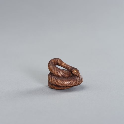 A CONTEMPORARY WOOD NETSUKE OF A COILED SNAKE AFTER MATSUDA SUKENAGA UN NETSUKE &hellip;