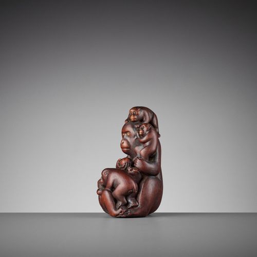 A WOOD OKIMONO OF A MONKEY WITH FOUR YOUNG A WOOD OKIMONO OF A MONKEY WITH FOUR &hellip;
