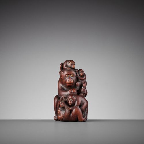 A WOOD OKIMONO OF A MONKEY WITH FOUR YOUNG A WOOD OKIMONO OF A MONKEY WITH FOUR &hellip;