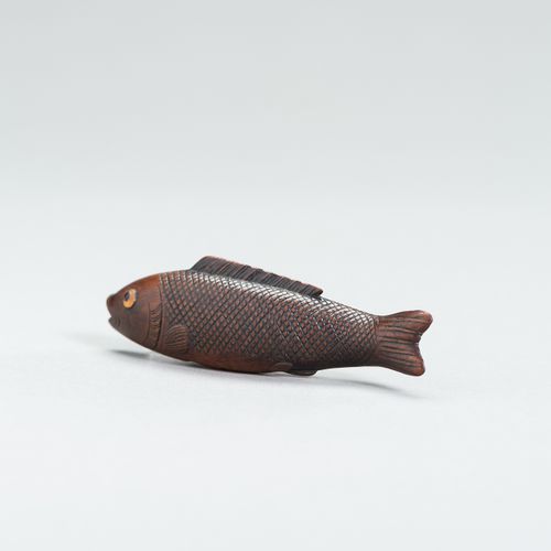 A LARGE WOOD FISH NETSUKE 大型木制鱼网袜
日本，19世纪

描绘了一条游泳的鱼，鱼鳞和鱼鳍都雕刻得很精细，眼睛是用黄色和红色的角
镶嵌&hellip;