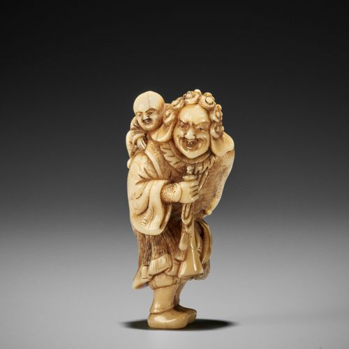 OKAKOTO: A RARE MARINE IVORY NETSUKE OF A DUTCHMAN WITH CHILD 冈本。罕见的荷兰人和孩子的海洋象牙网&hellip;