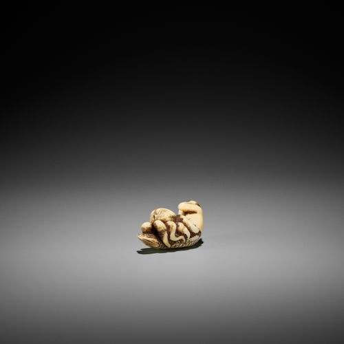 CHOGETSU: A SUPERB WALRUS TUSK SHUNGA NETSUKE OF A MERMAID WITH OCTOPUS CHOGETSU&hellip;