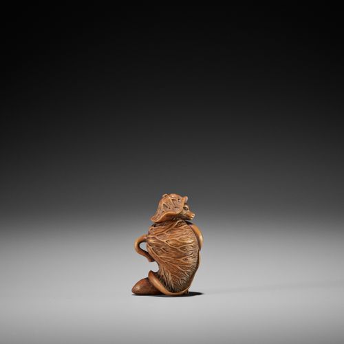 A TANBA SCHOOL WOOD NETSUKE OF A TANUKI WRAPPED IN LOTUS LEAVES 
箪食堂木制网签-荷叶缠身的阿狸&hellip;