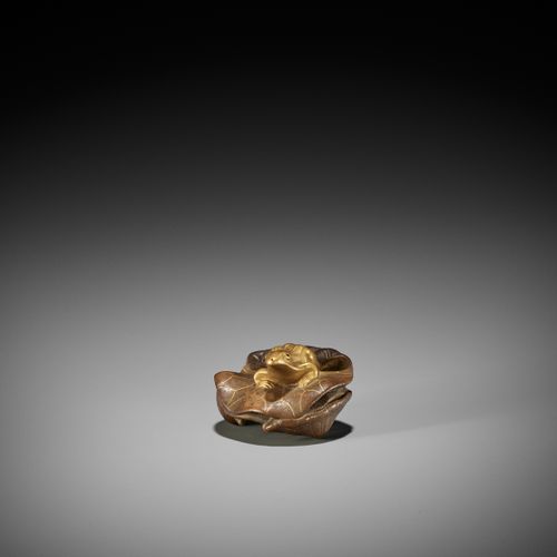TOMONOBU: A RARE LACQUERED WOOD NETSUKE OF A GOLDEN FROG ON A LOTUS LEAF 友信。罕见的荷&hellip;