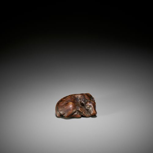 MASATOMO: A FINE WOOD NETSUKE OF A RECUMBENT DEER MASATOMO: A FINE WOOD NETSUKE &hellip;