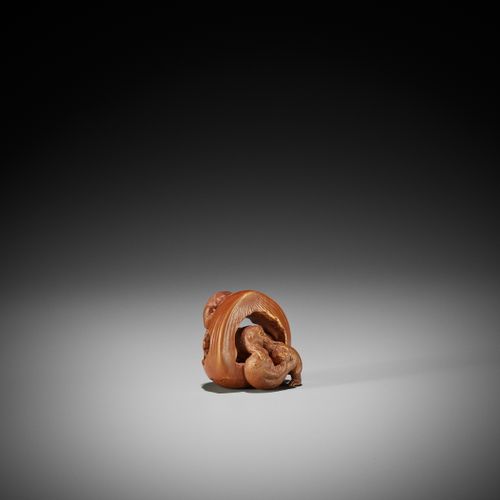 KAIGYOKUDO MASATERU: A FINE STAINED WOOD NETSUKE OF THE SAMBIKI SARU KAIGYOKUDO &hellip;