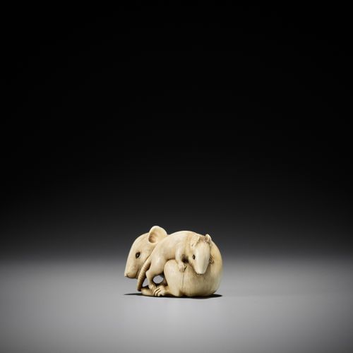 A POWERFUL AND LARGE KYOTO SCHOOL IVORY NETSUKE OF A RAT AND YOUNG 大而有力的京东象牙网罩：老&hellip;