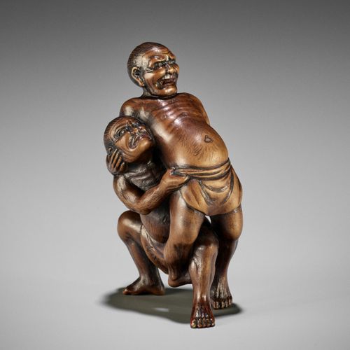 MASAYOSHI: A WOOD OKIMONO NETSUKE OF TWO SUMO WRESTLERS MASAYOSHI: A WOOD OKIMON&hellip;