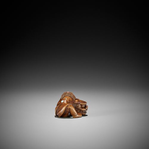 TOYOMASA: A SUPERB WOOD NETSUKE OF A SHISHIMAI DANCER TOYOMASA: A SUPERB WOOD NE&hellip;