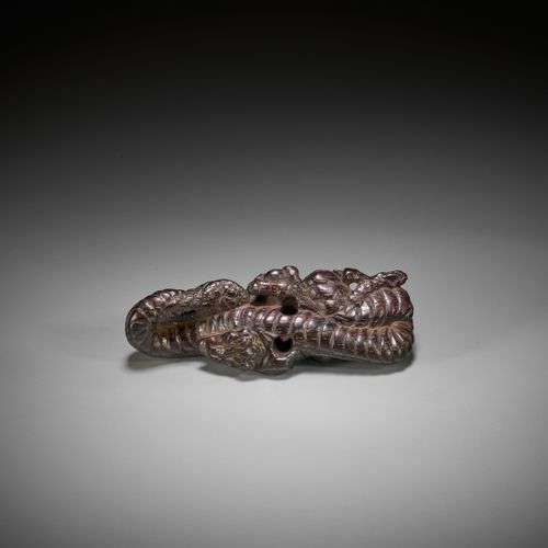 A RARE AND EARLY WOOD NETSUKE OF A DRAGON, DUAL-FUNCTION AS BRUSHREST UN RARO ED&hellip;