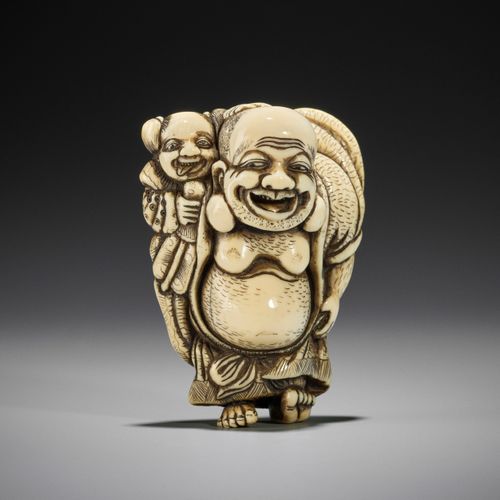 TOZAN: A SUPERB AND LARGE IVORY NETSUKE OF HOTEI WITH KARAKO TOZAN: EIN SUPERBES&hellip;