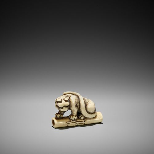 A POWERFUL KYOTO SCHOOL IVORY NETSUKE OF A TIGER ON BAMBOO UN PUISSANT NETSUKE E&hellip;