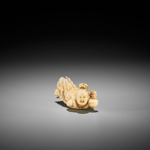 A SUPERB, LARGE AND RARE IVORY NETSUKE OF A TENNIN (BUDDHIST ANGEL) SUPERIOR, GR&hellip;