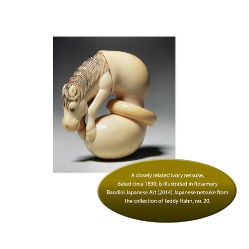 A GOOD IVORY NETSUKE OF CHOKARO’S HORSE EMERGING FROM A DOUBLE GOURD A GOOD IVOR&hellip;