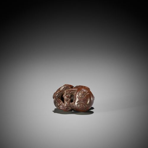 AN EARLY WOOD NETSUKE OF A SHISHI ON A MOKUGYO UN ANTICO NETSUKE IN LEGNO DI UNO&hellip;