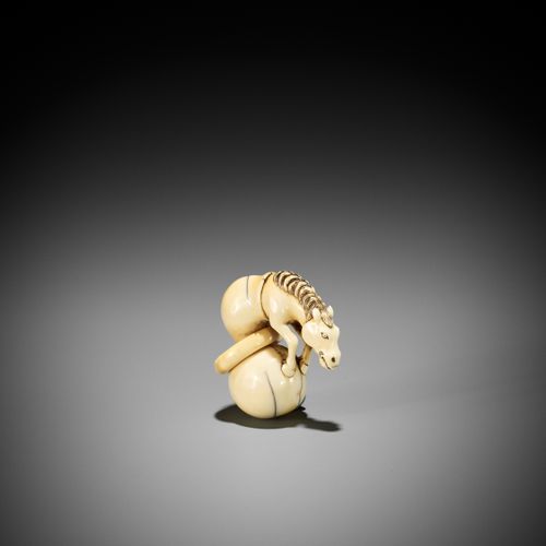 A GOOD IVORY NETSUKE OF CHOKARO’S HORSE EMERGING FROM A DOUBLE GOURD BUENA RED D&hellip;