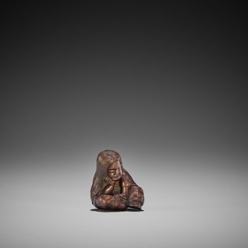 MASAJO: A FINE WOOD NETSUKE OF A SLUMBERING SHOJO MASAJO : UN FINE NETSUKE EN BO&hellip;