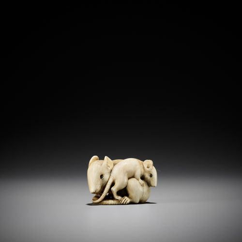 A POWERFUL AND LARGE KYOTO SCHOOL IVORY NETSUKE OF A RAT AND YOUNG 大而有力的京东象牙网罩：老&hellip;
