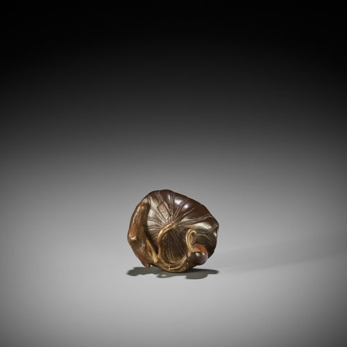 TOMONOBU: A RARE LACQUERED WOOD NETSUKE OF A GOLDEN FROG ON A LOTUS LEAF TOMONOB&hellip;