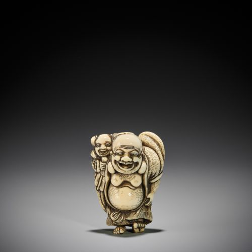 TOZAN: A SUPERB AND LARGE IVORY NETSUKE OF HOTEI WITH KARAKO TOZAN: EIN SUPERBES&hellip;