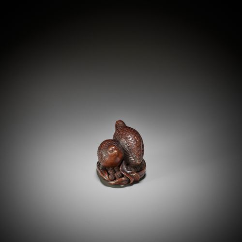 OKATOMO: A RARE STAINED WOOD NETSUKE OF TWO QUAILS ON MILLET 冈友：罕见的青花木网书：两只鹌鹑在小米&hellip;