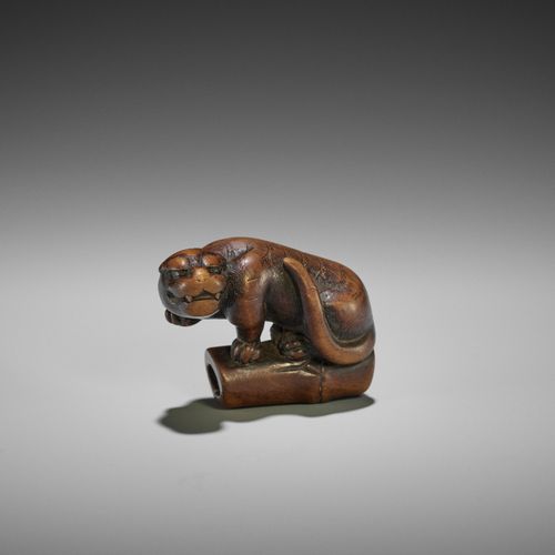 A FINE KYOTO SCHOOL WOOD NETSUKE OF A TIGER ON BAMBOO FINE NETSUKE EN BOIS DE L'&hellip;