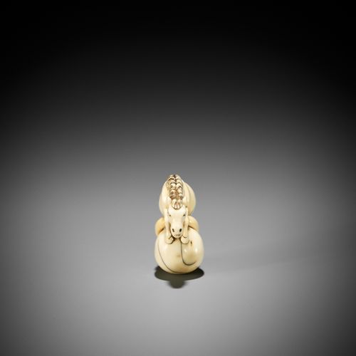 A GOOD IVORY NETSUKE OF CHOKARO’S HORSE EMERGING FROM A DOUBLE GOURD UN BON NETS&hellip;