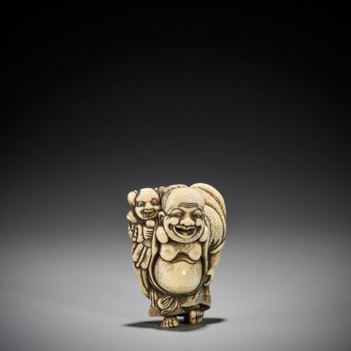 TOZAN: A SUPERB AND LARGE IVORY NETSUKE OF HOTEI WITH KARAKO TOZAN: EIN SUPERBES&hellip;