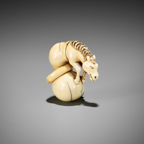 A GOOD IVORY NETSUKE OF CHOKARO’S HORSE EMERGING FROM A DOUBLE GOURD BUENA RED D&hellip;