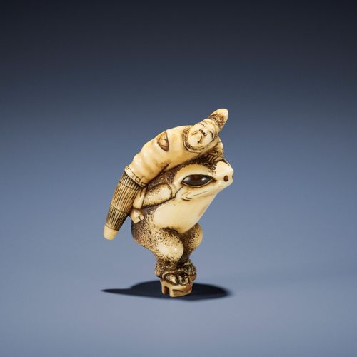 A SUPERB OSAKA SCHOOL IVORY NETSUKE OF ONO NO TOFU ON A GIANT FROG, ATTRIBUTED T&hellip;