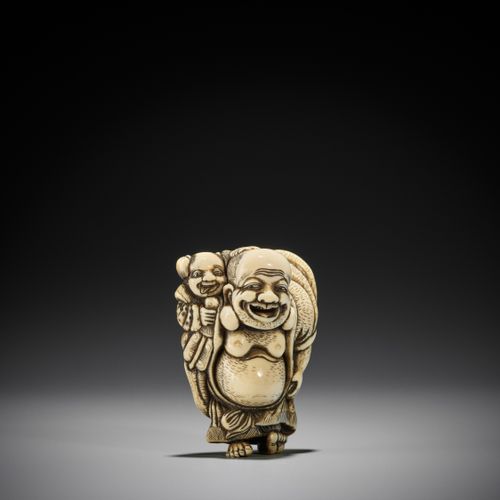 TOZAN: A SUPERB AND LARGE IVORY NETSUKE OF HOTEI WITH KARAKO TOZAN: EIN SUPERBES&hellip;