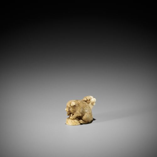 OKATOMO: AN IVORY NETSUKE OF TWO PUPPIES WITH AWABI OKATOMO: NETSUKE DE MARFIL D&hellip;