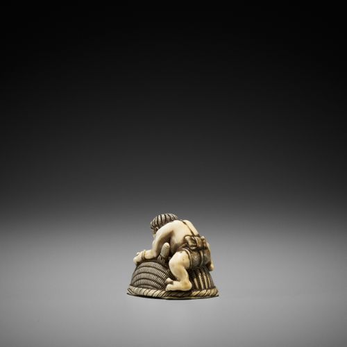 OKATORI: AN IVORY NETSUKE OF AN ONI TRAPPING SHOKI OKATORI : UN NETSUKE EN IVOIR&hellip;