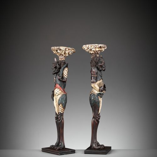 A PAIR OF PAINTED AND LACQUERED WOOD FIGURAL CANDLESTICKS DEPICTING ONI Japan, 1&hellip;