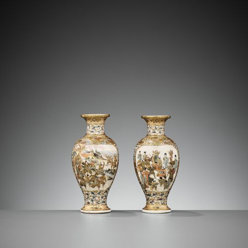 RANZAN: A PAIR OF SATSUMA MINIATURE BALUSTER VASES By Ranzan, signed Kono shina &hellip;