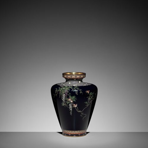 A FINE CLOISONNÉ ENAMEL VASE WITH SPARROWS AND WISTERIA, ATTRIBUTED TO THE WORKS&hellip;