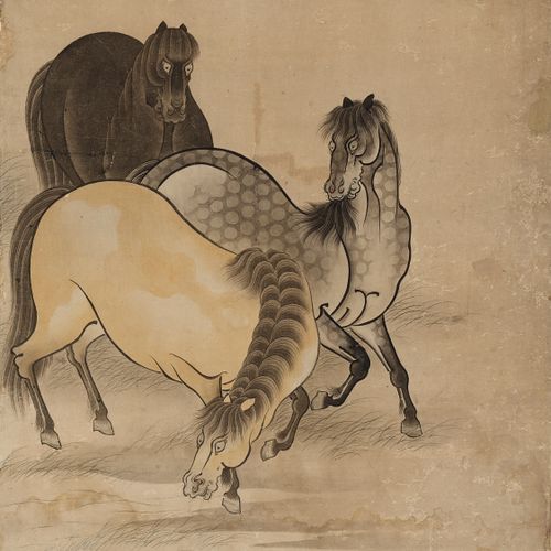 A RARE HASEGAWA SCHOOL SIX-PANEL BYOBU (FOLDING SCREEN) WITH HORSES Japon, XVIIe&hellip;