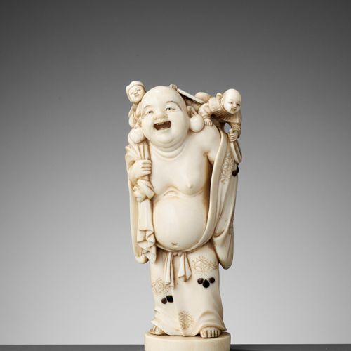 SHUNZAN: AN IVORY OKIMONO OF HOTEI WITH TWO KARAKO By Shunzan, signed Shunzan
Ja&hellip;