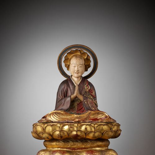 A POLYCHROME AND GILT-LACQUERED FIGURE OF A BUDDHIST MONK Giappone, XVI-XVII sec&hellip;