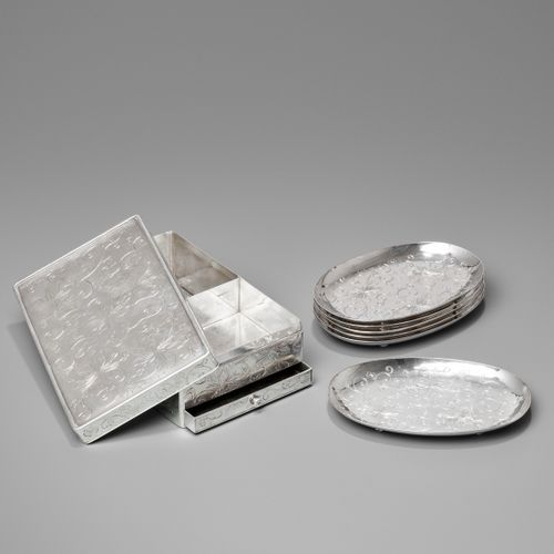 HIRATA SHIGEMITSU: A SET OF SILVER BOX AND COVER AND SIX SILVER TRAYS By Hirata &hellip;