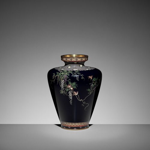 A FINE CLOISONNÉ ENAMEL VASE WITH SPARROWS AND WISTERIA, ATTRIBUTED TO THE WORKS&hellip;