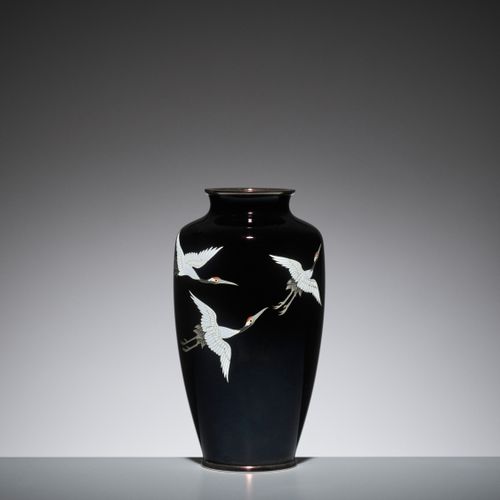 ANDO: A MIDNIGHT BLUE CLOISONNÉ ENAMEL VASE WITH FLYING CRANES By the Ando compa&hellip;