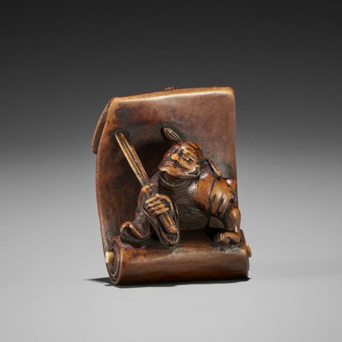 HIDEKAZU: A WOOD NETSUKE OF SHOKI AND ONI ON A SCROLL Por Hidekazu, firmado Hide&hellip;