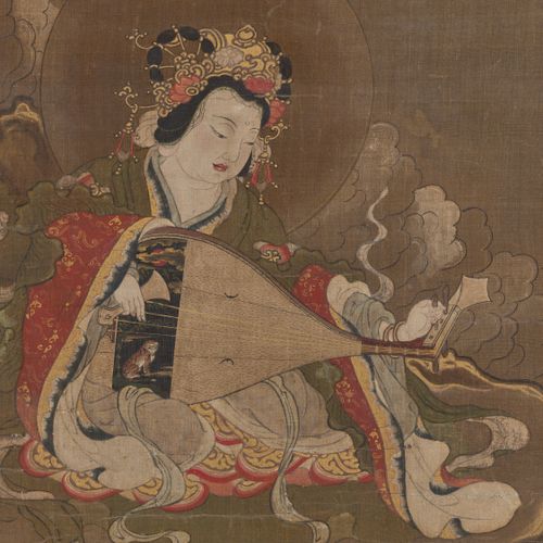 A VERY EARLY AND IMPORTANT SILK PAINTING OF BENZAITEN, C. 1400 Scellé Sekkyakush&hellip;