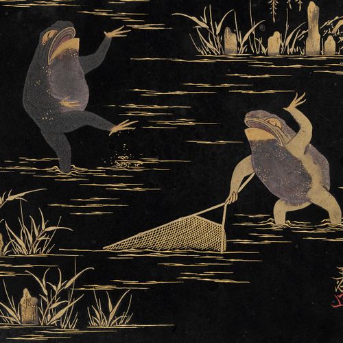 GYOKUKOKU: A LACQUER FUBAKO DEPICTING FROGS FISHING AND A THIEVING BIRD Di Gyoku&hellip;