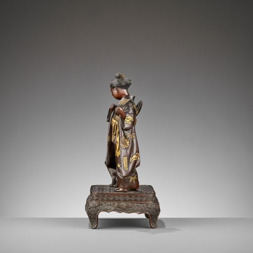 MIYAO: A RARE GOLD-INLAID BRONZE OKIMONO OF A LADY WITH CATS By Miyao Eisuke of &hellip;